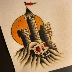 a drawing of a castle with a skull on it's head and a flag flying above