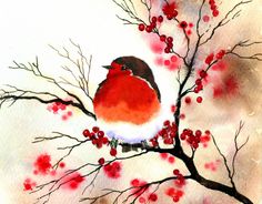 a watercolor painting of a bird sitting on a tree branch with red berries around it