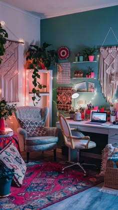 a living room filled with furniture and lots of hanging plants on the wall above it