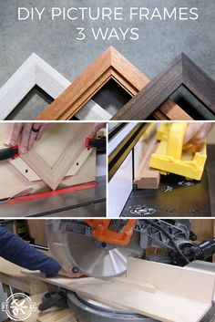 four pictures showing different types of frames being used to make art work with woodworking tools