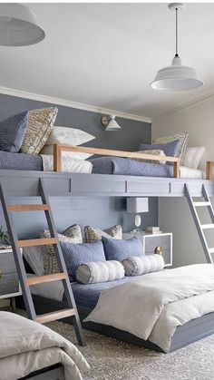 a bedroom with bunk beds and blue walls