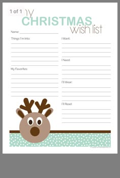 a christmas wish list with reindeer's head on the front and green polka dot border