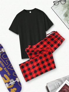 Red  Collar   Plaid Pajama Sets Embellished Medium Stretch Fall,Spring,Summer,Winter Men Loungewear Casual Home Outfits, Red Plaid Pants, Men Loungewear, Plaid Pajama, Checkered Pants, Silk T Shirt, Home Clothing, Plaid Pajamas