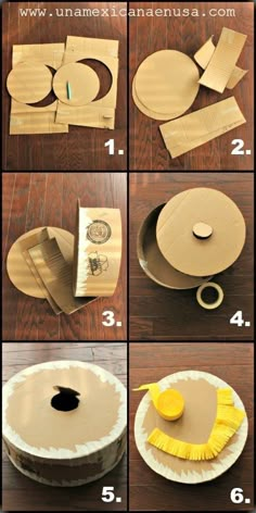 the steps to make a paper plate wreath with yellow ribbon and some other items on it