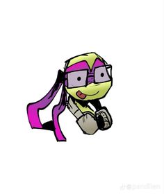 a drawing of a cartoon character with glasses and a purple scarf around her neck, flying through the air