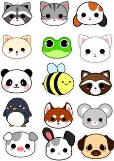 a bunch of animal faces with different colors and shapes on them, all in the same pattern