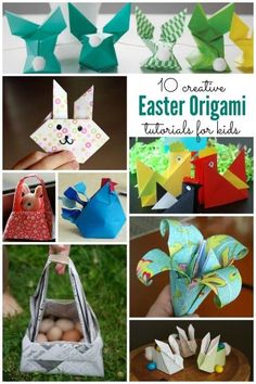 an assortment of origami crafts for kids with text overlay that reads 10 creative easter origami projects for kids