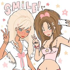 two cartoon girls are standing next to each other with the words smile on their faces