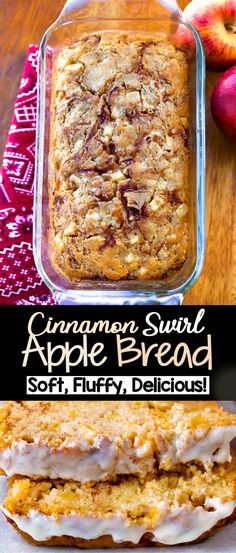 an apple bread is in a glass baking dish and on the table are two apples