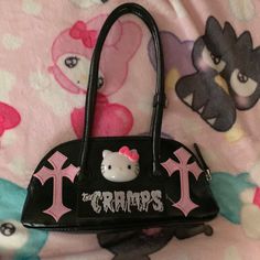 Super Cute Mini Bag, Nwot Featuring Hello Kitty, The Cramps And Pink Crosses. Brand New Never Used. One Of A Kind! Punk Goth Rockabilly Aileen Core, Xmen Outfits, Goth Hello Kitty Aesthetic, Hello Kitty Scene, Eclectic Goth, Scene Fanart, Pink And Black Goth, Goth Hello Kitty, Punk Hello Kitty