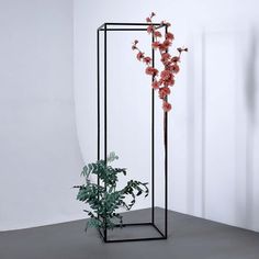 a plant in a black metal stand with red flowers