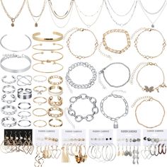 PRICES MAY VARY. What You Will Get: you will receive 78 pieces of jewelry set for women, including 6 pieces of necklaces, 36 pairs of earrings for women, 20 pieces of rings, 16 pieces of bracelets, coming in gold or silver color; This combination will make you more attractive in your daily dressings Reliable Material: the jewelry set is made of quality alloy, safe and reliable, lightweight and portable, will not bring much burden for your ear, neck, arms and fingers, comfortable for you to wear Aesthetic Bracelet, Buy Wholesale Jewelry, Amazon Jewelry, Wholesale Jewelry Supplies, Costume Jewelry Sets, Valentine Anniversary, Dainty Gold Necklace, Women's Jewelry Sets, Gold Jewelry Necklace