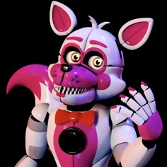 a pink and white robot with big ears holding his hand up to the side while wearing a red bow tie