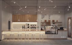 an open concept coffee shop with bar stools and counter tops, along with wooden cabinets