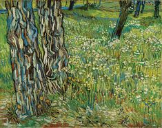 a painting of grass and trees in the woods with white daisies on the ground