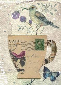 a bird sitting on top of a cup filled with flowers and butterflies next to a postage stamp