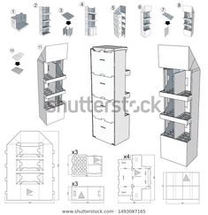 an architectural drawing showing the interior and side sections of a kitchen with drawers, shelves, cabinets