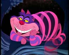 an animated cat with pink and purple stripes on it's body, smiling for the camera