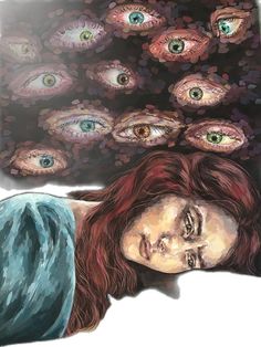 a woman laying on the ground with many eyes above her head and an eyeball in the background