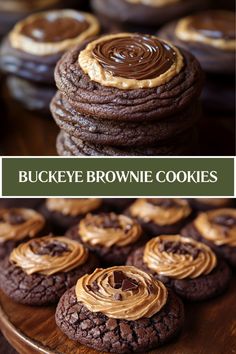 chocolate cookies with peanut butter frosting are stacked on a wooden platter and the words buckeye brownie cookies above them