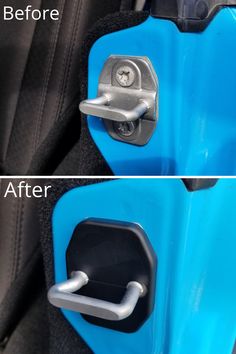 two pictures showing the before and after of a blue luggage bag with handles on it