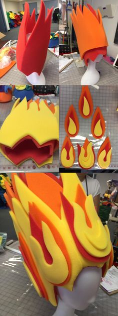 three different views of an orange and yellow fire helmet on a mannequin's head