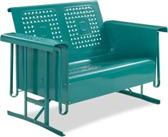 a green metal bench sitting on top of a white floor next to a trash can