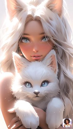 a beautiful woman holding a white cat in her arms with blue eyes and long blonde hair