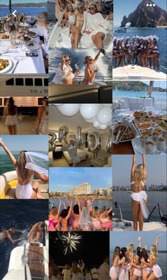 many pictures of women on a boat in the water and one has her arms up