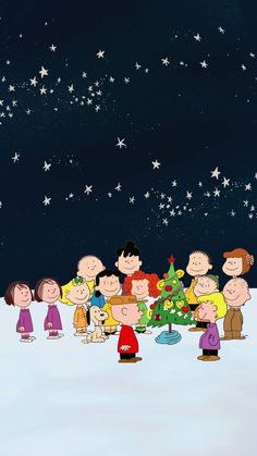 peanuts around the christmas tree on a snowy night