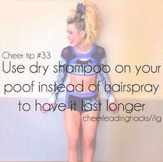 a woman standing in front of a wall with the words cheer tip 3 use dry shampoo on your pool instead of hairspray to have it last longer