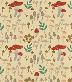 an image of mushrooms and leaves on a beige background for wallpaper or upholstering