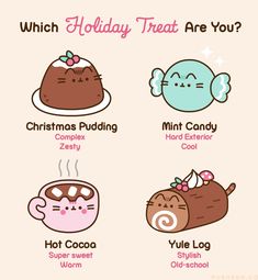 the different types of holiday treats are shown in this cartoon character poster, which includes hot cocoa