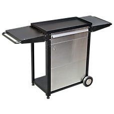 a black and silver cart with wheels is shown on a white background the cart has a flat panel top