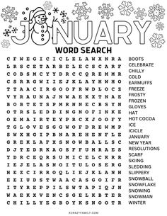 the january word search is shown in black and white with snowflakes on it