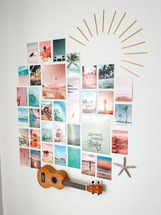 a guitar and some pictures on the wall