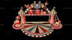 an image of a carnival booth with clowns and circus tents on the top floor