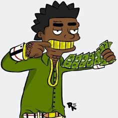 a cartoon character holding money in one hand and pointing to the other with his finger