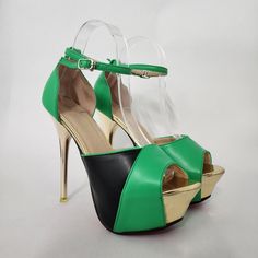 New Green And Black Color Block Faux Leather Round Toe Open Toe Open Sides Red Bottoms Platform High Heels Stilettos Dancer Sexy Heels With Gold Adjustable Elastic Stretchy Band Buckled Ankle Straps For Style Comfort And Security Great For Lingerie Fetishes (Stomping Stepping Digging Handles Pile Dancing And More) Romantic Fingers Costumes Size 8.5 Heel Height Approx 5.5in Platform Height Approx 2in New With Tags Nwt Never Worn Wiso.733-1.5 Green High Heels, Black Open Toe Heels, Red Suede Heels, Closed Toe Heels, Heels Stilettos, Green Heels, Badgley Mischka Shoes, Black Dress Shoes, Black Block Heels