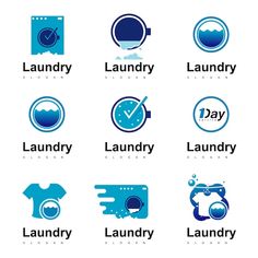 the logos for laundry products are shown in blue and white colors on a white background