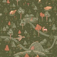 a green background with trees and animals on it