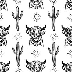 a black and white image of a cow with long horns, cactuses and snowflakes