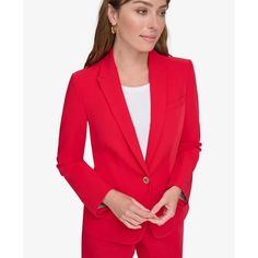 Perfectly put-together, with slightly peaked lapels and subtle signature detailing, Tommy Hilfiger's one-button blazer is bound to be a wardrobe workhorse..Approx. model height is 5'10' and she is wearing size 4.Approx. 24' long from center back neck to hem.Slightly peaked lapels; one-button front closure.Signature gold-tone TH logo at left lapel; shoulder padding.Slanted welt pocket at chest; horizontal welt pockets at side front; matching elbow patches; vent at center back.Long sleeves with signature button trim.Lined.Shell: polyester/viscose/spandex; stretch lining: polyester/spandex.Dry clean.Imported Career Notched Blazer With Single Button, Career Blazer With Single Button And Notched Shape, Single Button Notched Blazer For Career, Notched Single Button Blazer For Career, Tailored Button-up Blazer For Career, Single Button Solid Color Office Blazer, Single Button Professional Blazer For Office, Professional Single Button Blazer For Office, Solid Single-breasted Career Blazer