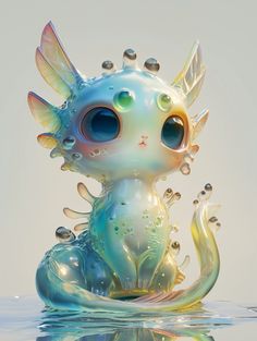 a glass figurine sitting in the water with bubbles on it's body