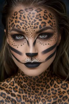 63 Halloween Makeup Ideas for Any Themed Party in 2024 Animal Face Paintings Adult, Cougar Halloween Makeup, Leopard Print Face Paint, Cougar Face Paint, Animal Print Face Paint, Leopard Makeup Halloween Easy, Diy Cheetah Costume Women, Leopard Costume Makeup, Leopard Party Theme