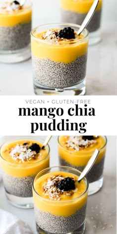 mango chia pudding in small glasses with blackberries and coconut flakes on top