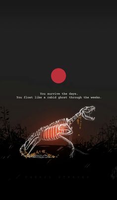 a dinosaur skeleton sitting on top of a field next to a red sun in the background