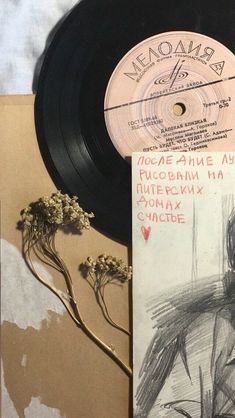 an old record sitting on top of a piece of paper next to a dried plant