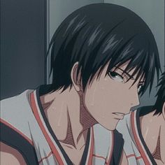 an anime character with black hair and white shirt looking at his cell phone while sitting in front of him