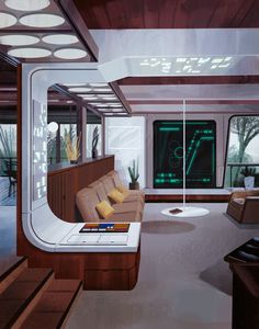 the interior of a futuristic looking living room